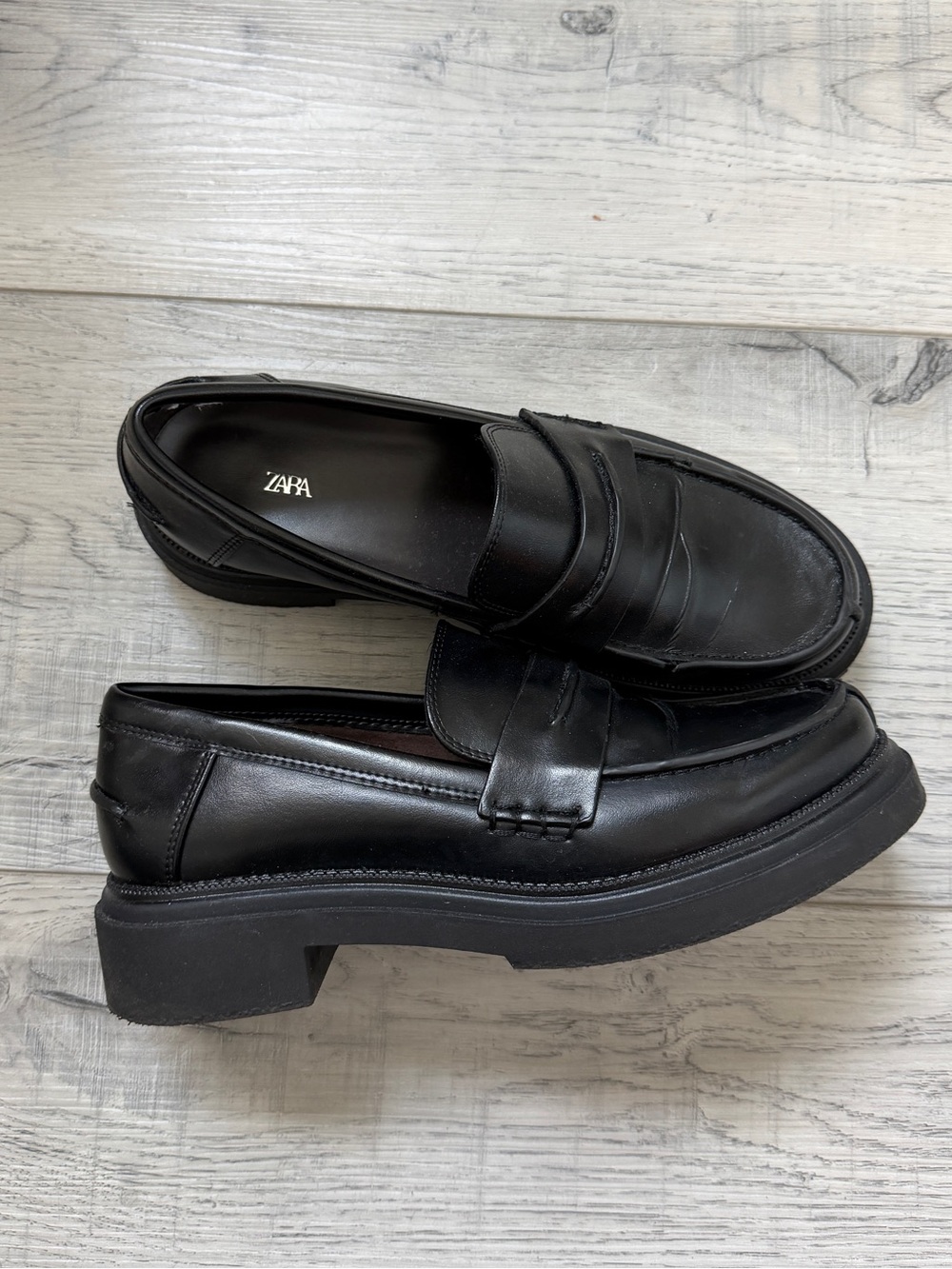 Zara Black Leather Chunky Sole Penny Loafers